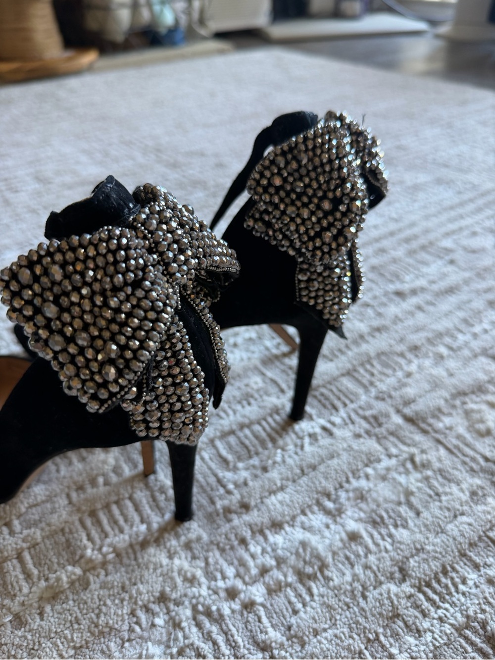 INC International Concepts Black Heels with Crystal Bow Accents - Picture 2 of 8